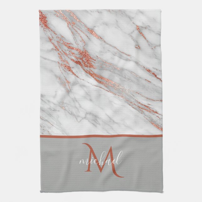 Linge De Cuisine Cuivre Rose Or & Marbre Gris avec Monogramme (Vertical)