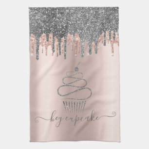 Linge De Cuisine Cupcake Rose Gold aux Gouttes de Paillettes Argent