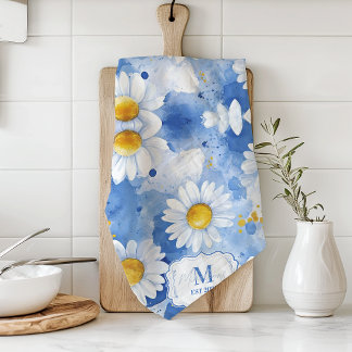 Linge De Cuisine Custom Blue Watercolor Daisy Monogram Decor