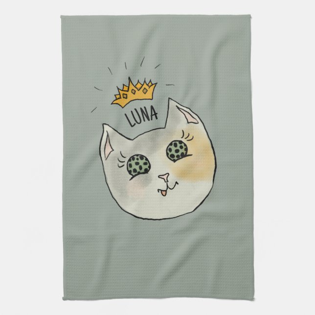 Linge De Cuisine Custom Cat Name Art - Chubby White Cat with Crown (Vertical)
