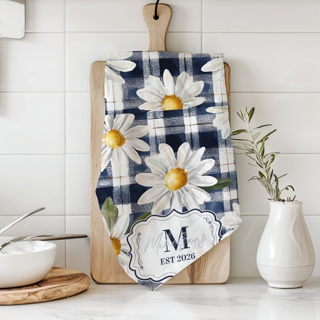 Linge De Cuisine Custom Navy Gingham Daisy Monogram (Créateur téléchargé)