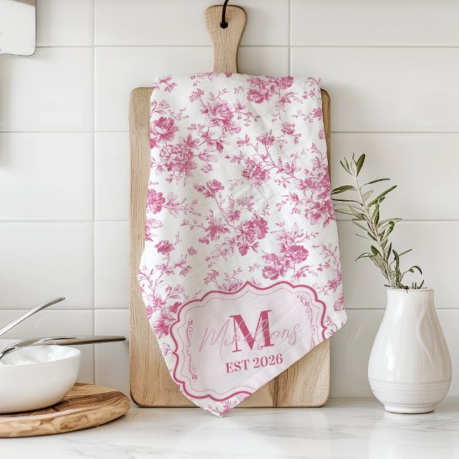 Linge De Cuisine Custom Pink Toile Floral Monogram (Créateur téléchargé)