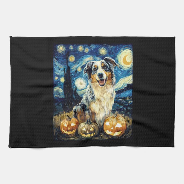 Linge De Cuisine Cute Australian Shepherd Dog Halloween Jack O Lant (Horizontal)