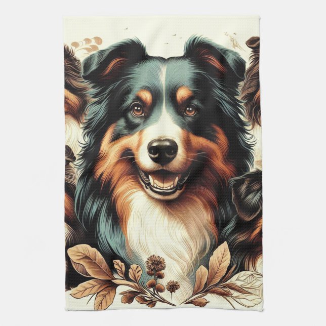 Linge De Cuisine Cute Australian Shepherd Peinture (Vertical)