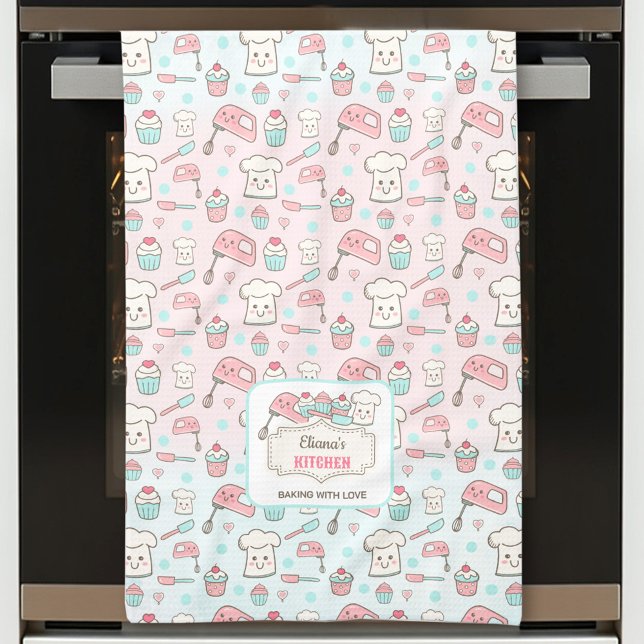 Linge De Cuisine Cute Baking Pink Blue Cupcake Nom (Cute Baking Pink Blue Cupcake Name Kitchen Towel)