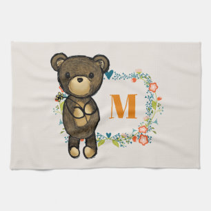 Linge De Cuisine Cute Bear, Yellow Flower & Floral Wreath Monogram