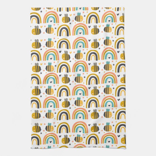Linge De Cuisine Cute Bumble Bee et Rainbows Motif (Vertical)