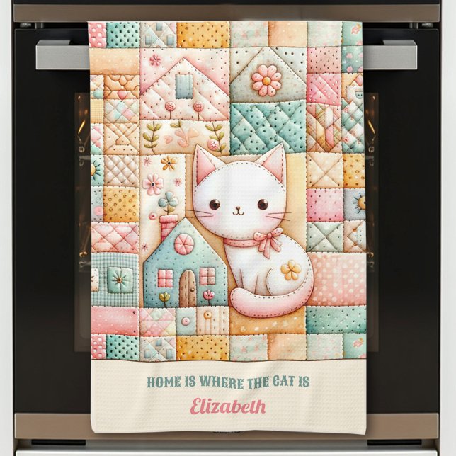 Linge De Cuisine Cute Cat House Quilt Patchwork Pastel Nom personna (Cute Cat House Quilt Patchwork Pastel Custom Name Kitchen Towel)
