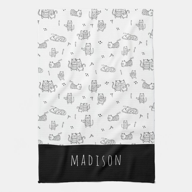 Linge De Cuisine Cute Cats Motif Doodé noir et blanc (Vertical)