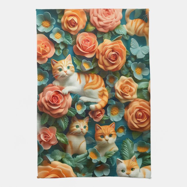 Linge De Cuisine Cute Chats et Fleurs Design (Vertical)