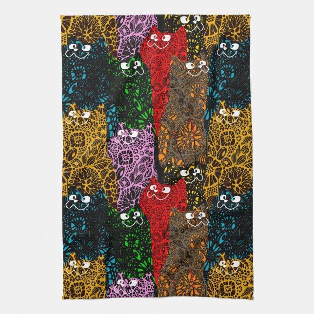 Linge De Cuisine Cute & Colorful Floral Happy Cats (Vertical)