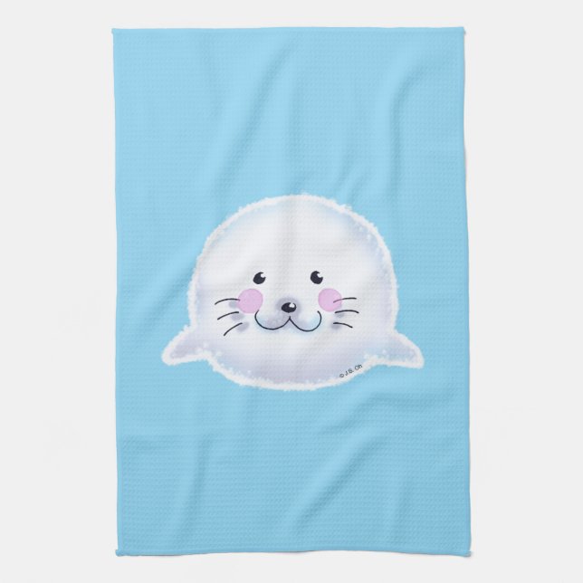 Linge De Cuisine Cute Fluffy Baby Seal Illustration (Vertical)