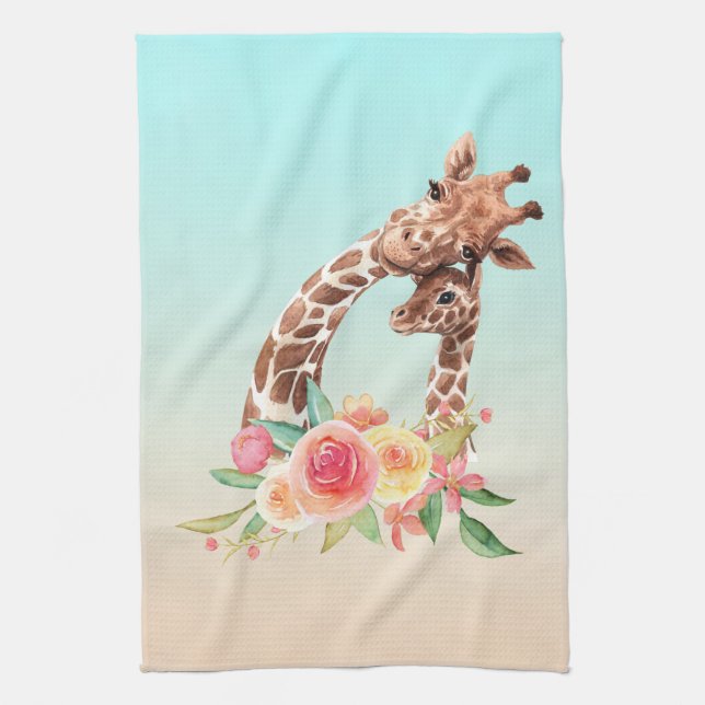 Linge De Cuisine Cute Giraffe Aquarelle Maman & Bébé (Vertical)