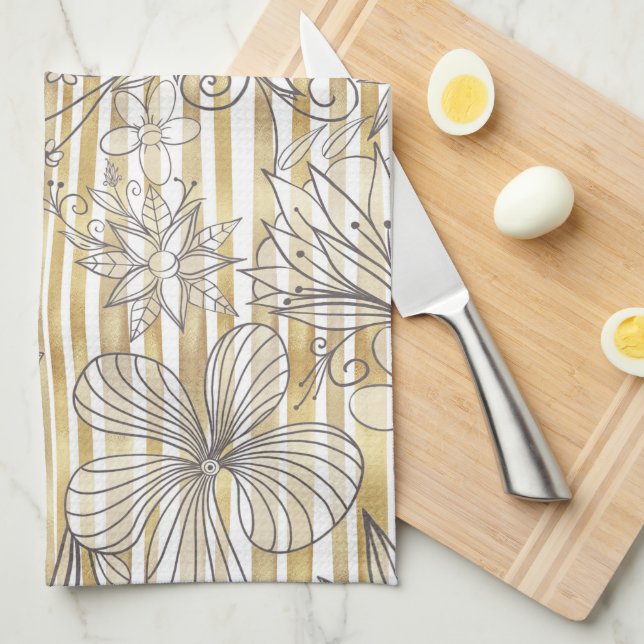 Linge De Cuisine Cute Girly Gray Floral Doodles Gold Stripes Design (Quart Plié)