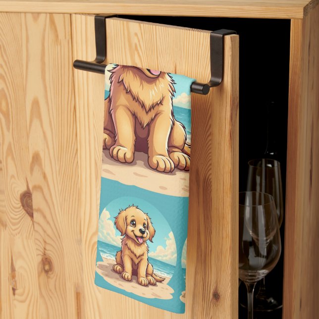 Linge De Cuisine Cute Golden Puppy at Sunny Beach Scene (Pliage en tiers)