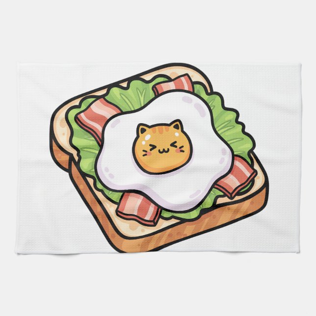 Linge De Cuisine Cute Kawaii Cat Fried Egg on Toast Illustration (Horizontal)