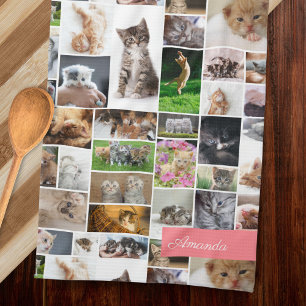 Linge De Cuisine Cute Kitten Photo Montage Coral Rose Chat Motif