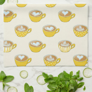 Linge De Cuisine Cute Latte Art en Motif de tasses de café jaune