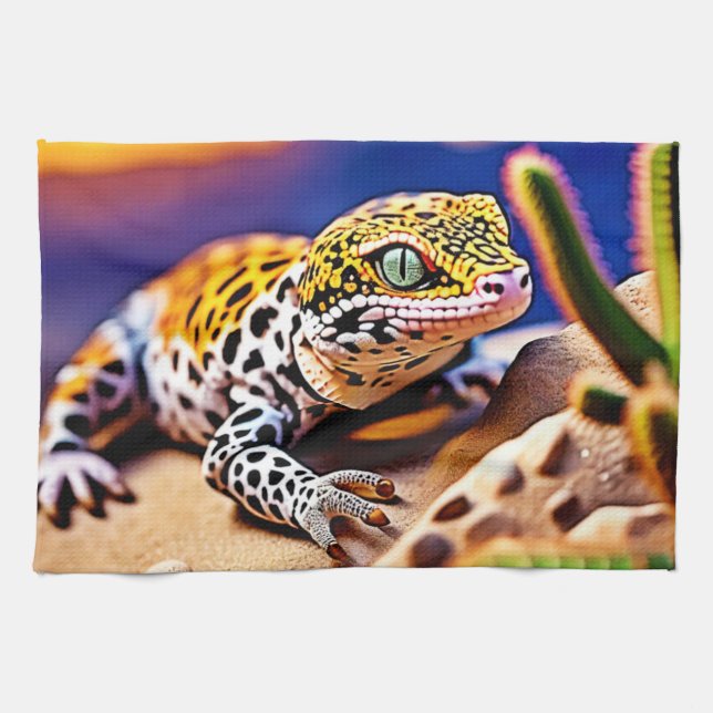 Linge De Cuisine Cute Leopard Gecko Sunset Desert Design (Horizontal)
