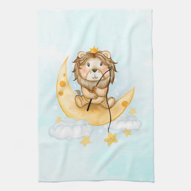 Linge De Cuisine Cute Lion Pêche sur l'aquarelle de la lune (Vertical)