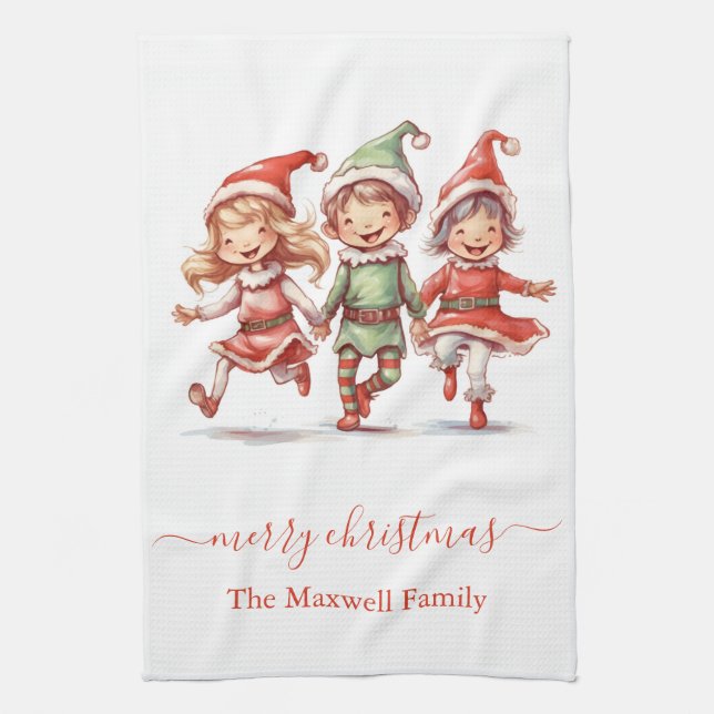 Linge De Cuisine Cute merry christmas 3 elves family name (Vertical)