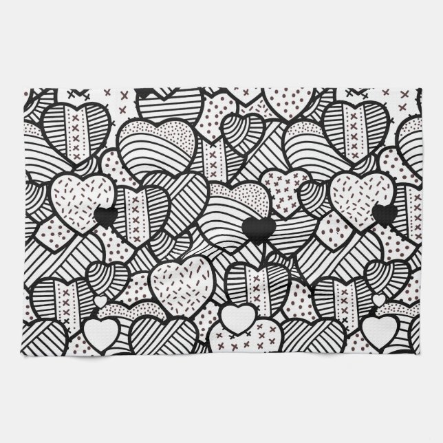 Linge De Cuisine Cute noir blanc coeurs motif (Horizontal)