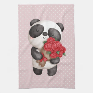 Linge De Cuisine Cute Ours Panda avec Bouquet de Rose sur Pois