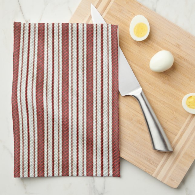 Linge De Cuisine Cute Red Country Farmhouse Linen Stripes Motif (Quart Plié)