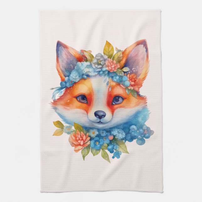 Linge De Cuisine Cute Renard orange avec Couronne florale (Vertical)