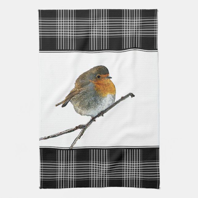 Linge De Cuisine Cute Robin Bird Redmamol tampon plaid frontière (Vertical)