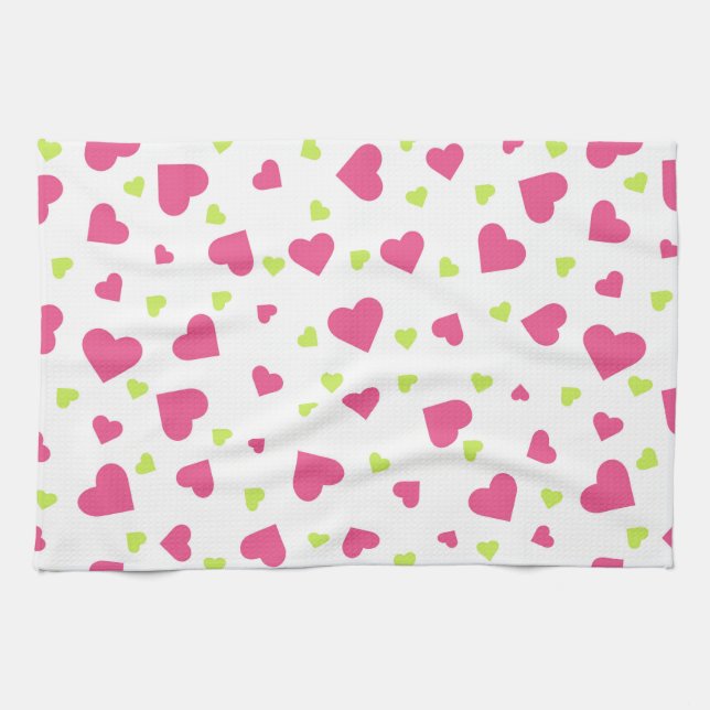 Linge De Cuisine Cute rose et vert Tumbling Hearts Motif (Horizontal)