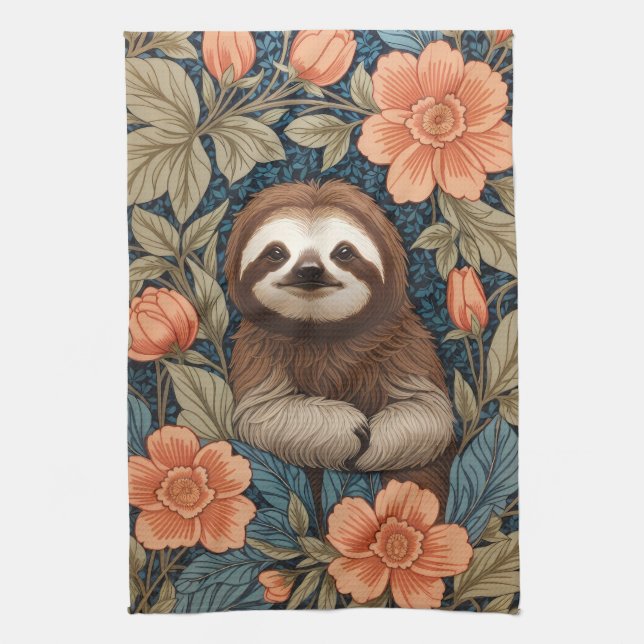 Linge De Cuisine Cute Sloth Elegant Floral William Morris Inspired (Vertical)