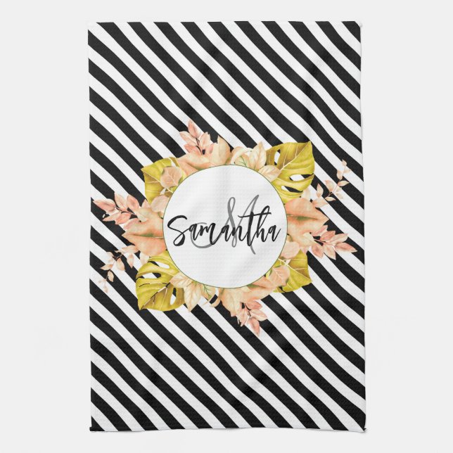 Linge De Cuisine Cute Stripes et Monogramme Floral (Vertical)