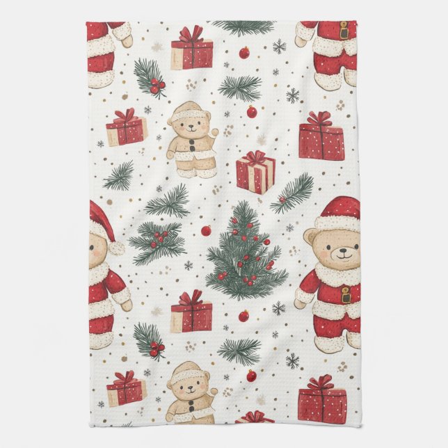 Linge De Cuisine Cute Teddy Bear & Santa sur fond blanc (3) (Vertical)