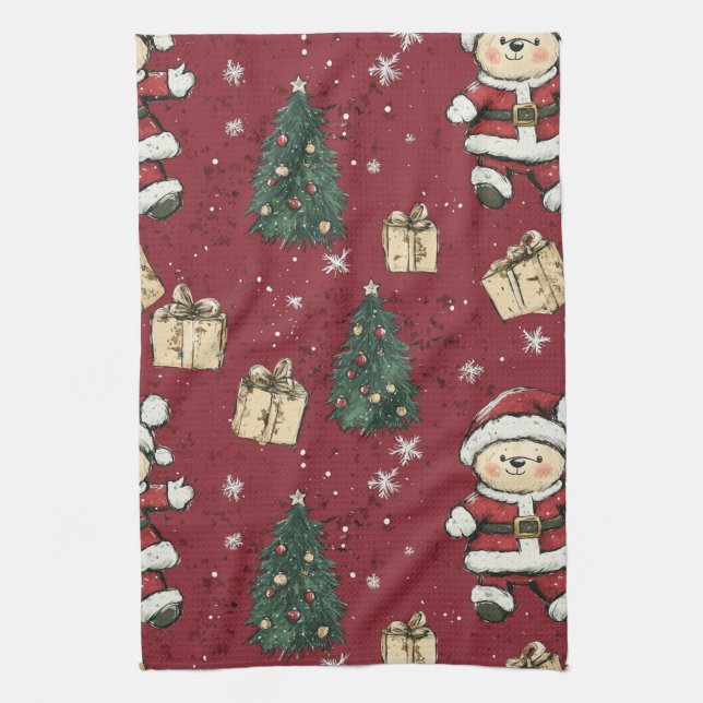 Linge De Cuisine Cute Teddy Bear & Santa sur fond Rouge (3) (Vertical)