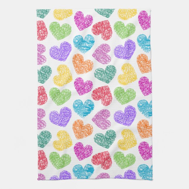 Linge De Cuisine Cute Vibrant Doodled Heart Valentine's Day Motif (Vertical)