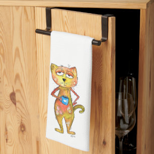 Linge De Cuisine Cute Whimsical Fatigué Chat Boire Café