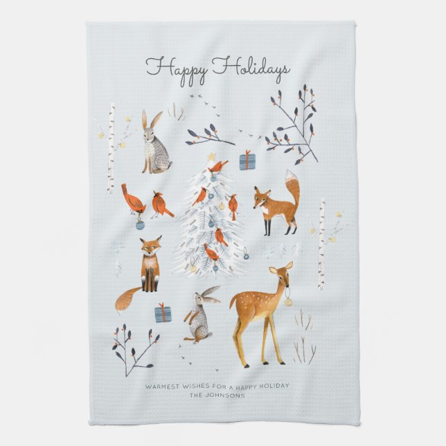 Linge De Cuisine Cute Woodland Bleu animaux renard & cerf (Vertical)