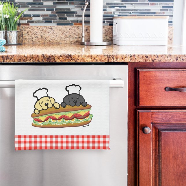 Linge De Cuisine Cute Yellow Lab Black Lab Cartographie Sandwich (Yellow Lab Black Lab Sandwich Kitchen Towel for Labrador Owners.  Personalized Lab Cartoon design.)