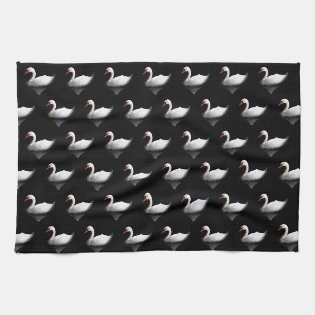 Linge De Cuisine Cygne blanc sur noir (Horizontal)