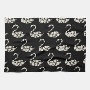 Linge De Cuisine Cygne élégant en diamant blanc sur fond noir