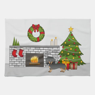 Linge De Cuisine Dachshund à poil court noir et feu dans une pièce