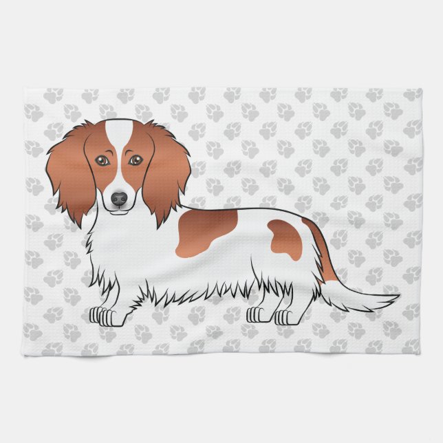 Linge De Cuisine Dachshund à poil long pie rouge dessin animé & emp (Horizontal)