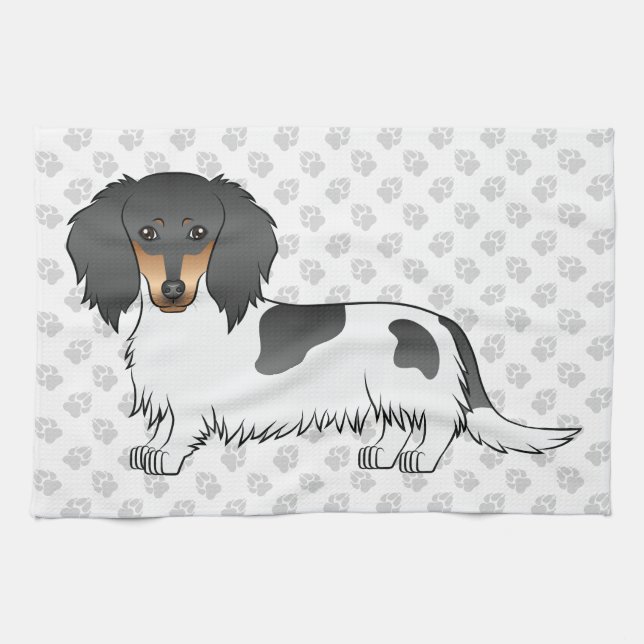 Linge De Cuisine Dachshund à poil long piebalde noir et feu & patte (Horizontal)