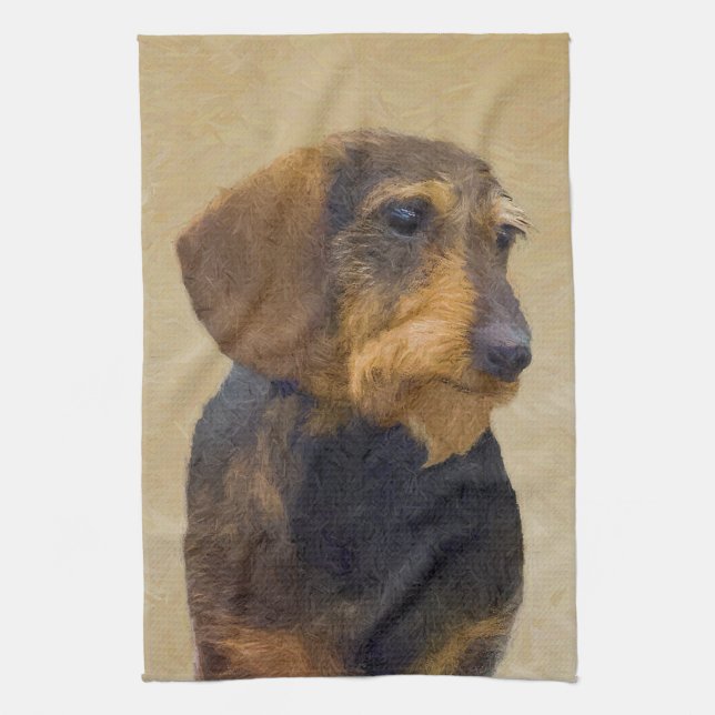 Linge De Cuisine Dachshund (À poils durs) Peinture Dog Art original (Vertical)