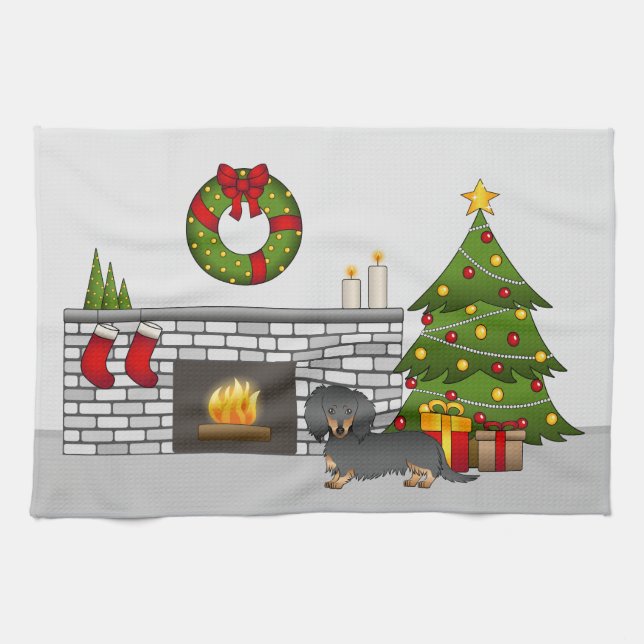 Linge De Cuisine Dachshund à poils longs noir et feu - Chambre de N (Horizontal)
