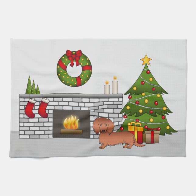 Linge De Cuisine Dachshund aux longs cheveux rouges Chien mignon -  (Horizontal)