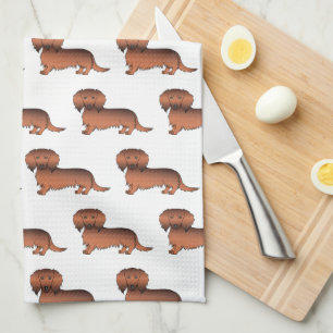 Linge De Cuisine Dachshund Cartoon Motif Poil Long Fauve Rouge