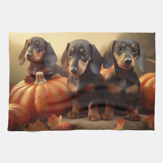 Linge De Cuisine Dachshund Chiot Automne Citrouille de plaisir (Horizontal)