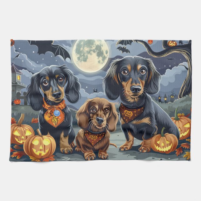 Linge De Cuisine Dachshund Halloween Épouvantable (Horizontal)